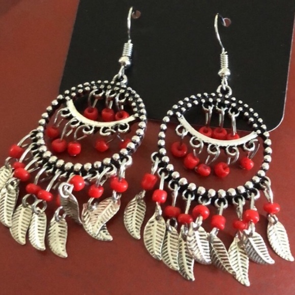 Jewelry - Dream Catcher Earrings Red & Silver Dangling Drop Boho Gypsy Summer BRAND NEW